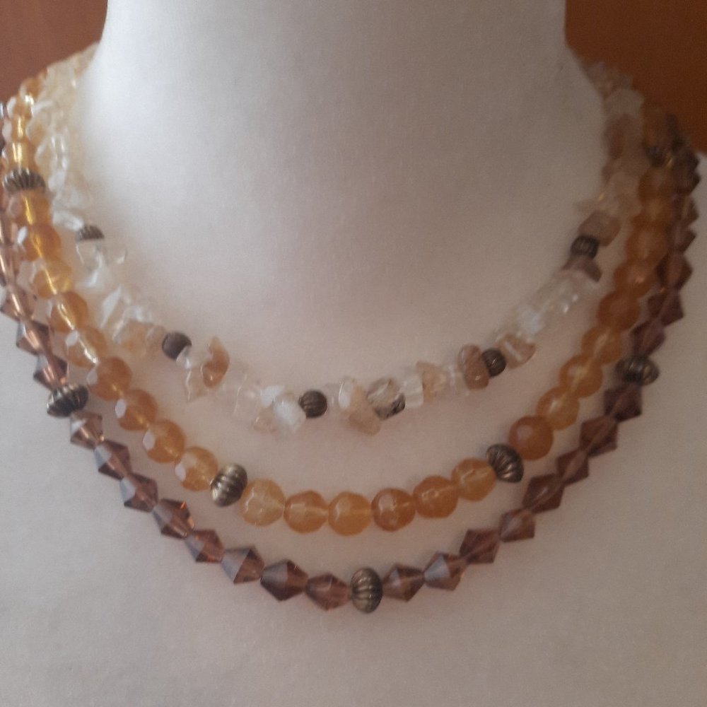 Crystal and amber three strand necklace